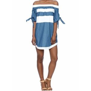 Blue and White Off-Shoulder Dress